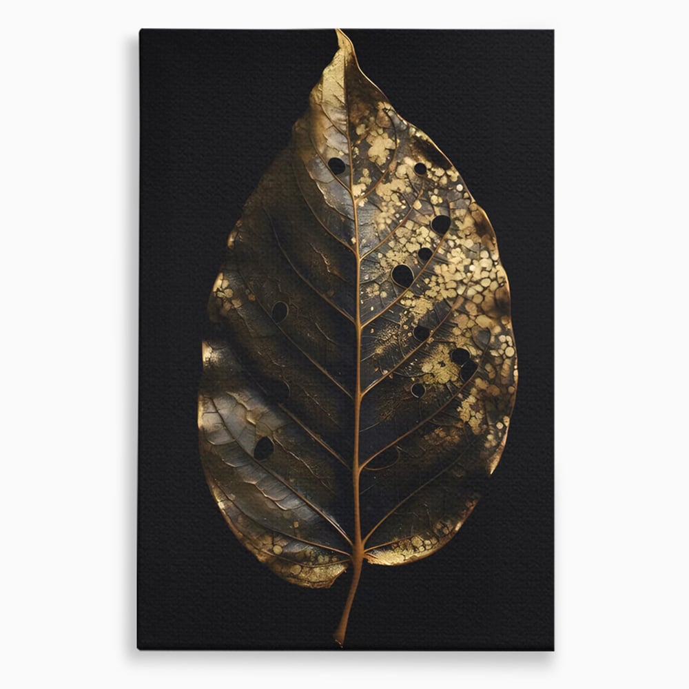 Tablou canvas cu tablou canvas cu frunza aurie pe fundal negru, fara rama, pe sasiu de lemn